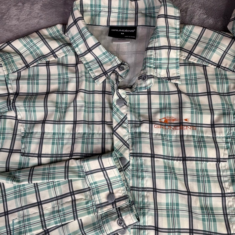 Grundens Fishing Shirt Men M Teal Plaid Long Sleeve Snap Performance Ventilated